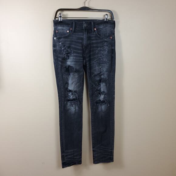 American Eagle Black Distressed Slim Jeans Size 28x30 - Picture 1 of 10